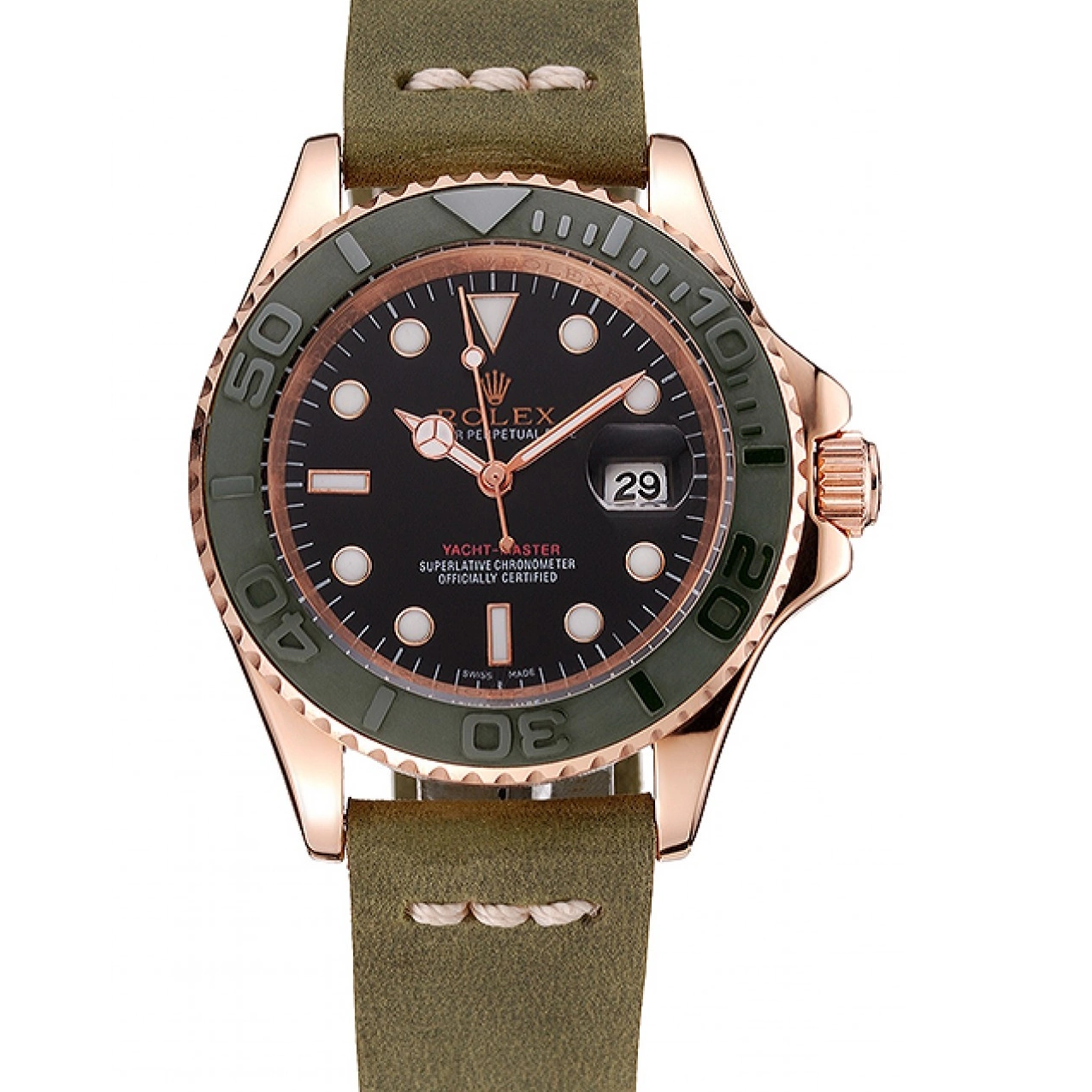 Aaa replica watch Leather Green Master Bezel Rolex Green Bracelet 1453862 Case Yacht Black Gold Rose Dial 0615
